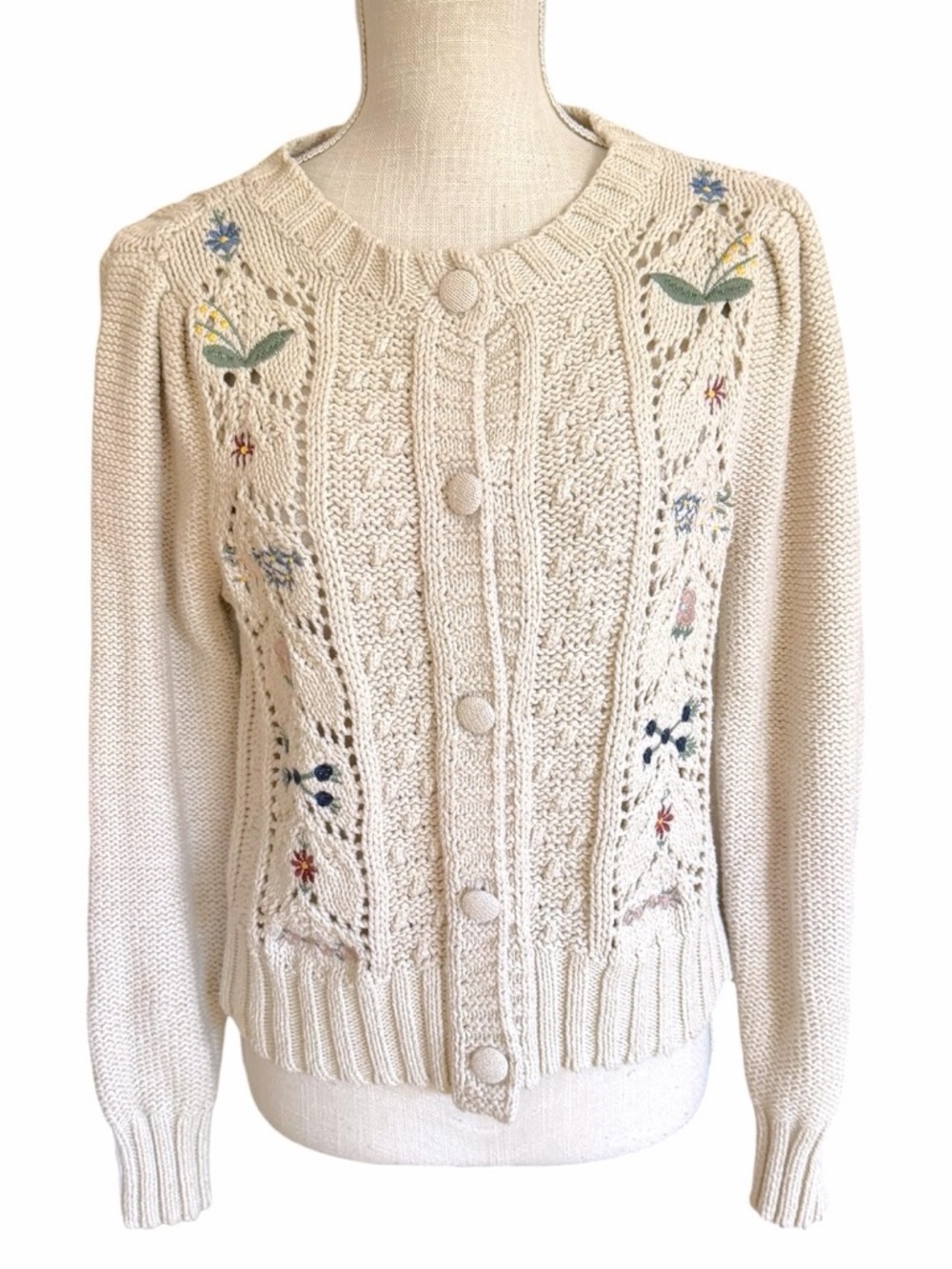 Lucky Brand Ivory Floral Embroidered Knit Cardigan Size M - Picture 2 of 12